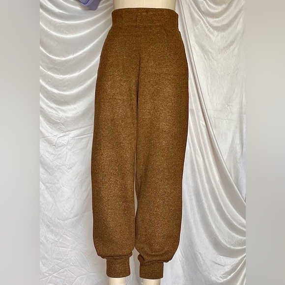 High Waisted Knit Track Joggers Sweatpants Fleece Pants side Small caramel brown - Picture 2 of 5